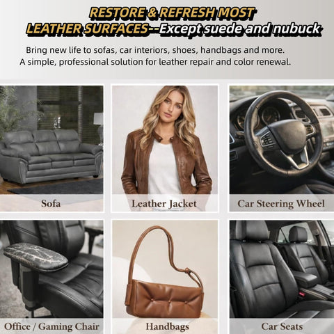 Collage showing uses of Leather Recoloring Balm 3.53 Oz Quick Dry Repair Cream for couches, jacket, steering wheel, and car seats.