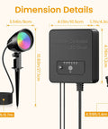 Dimensions of 8 Pack RGBW Low Voltage Landscape Lights Kit With 100W Transformer, spotlight, and wire details.