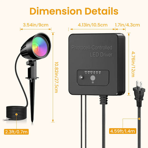Dimensions of 8 Pack RGBW Low Voltage Landscape Lights Kit With 100W Transformer, spotlight, and wire details.