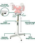 Adjustable Bench Grinder Stand Pedestal With Pre Drilled Mounting Platform height adjustable from 25 to 40 inches, 500 lb weight capacity.