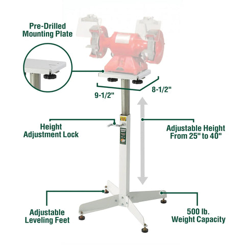 Adjustable Bench Grinder Stand Pedestal With Pre Drilled Mounting Platform height adjustable from 25 to 40 inches, 500 lb weight capacity.