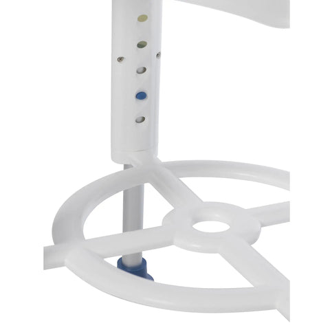 Close-up of adjustable base on Bath Stool With Padded Rotating Seat And Blue Cushion, 360 Degree Swivel With 90 Degree Locks