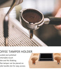Premium Wood Espresso Tamper Holder Stand With Knock Box Built Damn Tough For Smoother Tamping Straight Fire Portable Barista Station with tamper and portafilter.