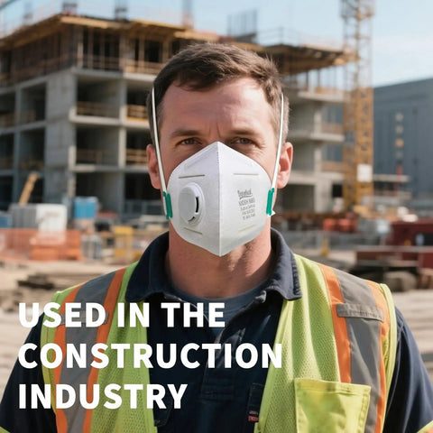 Person wearing NIOSH Certified N95 Masks With Exhalation Valve Four Layer Filtration Nose Clip And Adjustable Head Straps on construction site.