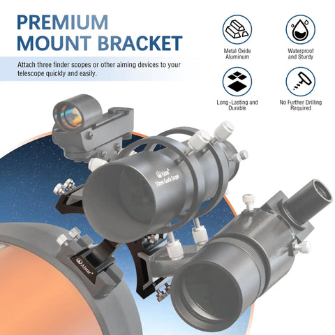 Triple Finder Scope Mounting Bracket For Telescopes with 3 mount positions, aluminum, Vixen Synta compatible, shown attached.