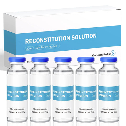 Front view of five 30ml glass vials with blue caps labeled Reconstitution Solution, arranged in a white and blue box.