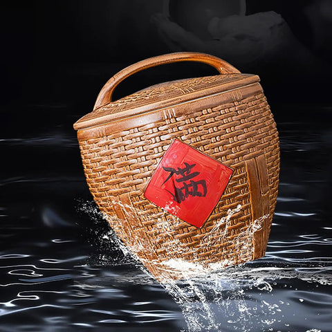 Asian Weave Ceramic Rice Dispenser With Tight Lid Big Kitchen Grain Bin, textured design, floating in water, spacious storage.