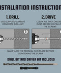 Installation instructions for Flat Head One Quarter Inch Concrete Screws Kit With RedSeal Moisture Barrier, drill and driver bits shown.
