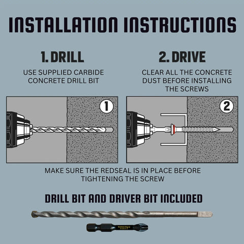 Installation instructions for Flat Head One Quarter Inch Concrete Screws Kit With RedSeal Moisture Barrier, drill and driver bits shown.