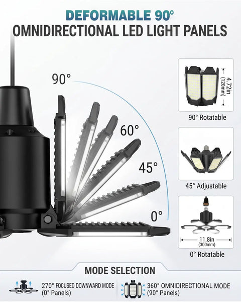 2 Pack 100W LED Garage Lights With 6 Adjustable Deformable Panels 20000 LM Daylight 6500K rotation angles and modes