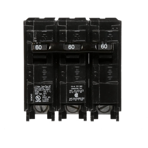 Q360 60 Amp Three Pole Type QP Circuit Breaker with 240V Operation and Insta-Wire Connections, front view