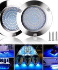 Blue 90 LED Underwater Boat Lights For Pontoon Yacht Sailboat Deck Surface Mount IP68 Stainless Steel, with mounting screws.