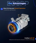 Heavy Duty Ac Compressor With Clutch Bulletproof Cooling Swap For Cadillac Cts 2.0L 3.0L 3.6L 6.2L Engines 2008 To 2014 showing pre-filled oil and quiet operation.