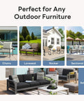 8-Piece Thick 6 Inch Outdoor Cushion Set For Patio Furniture, shown on various furniture styles, waterproof beige covers.