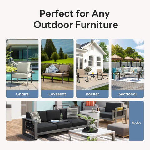 8-Piece Thick 6 Inch Outdoor Cushion Set For Patio Furniture, shown on various furniture styles, waterproof beige covers.