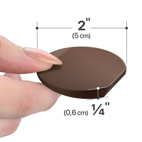 Close-up of 2-inch brown rubber shim from Furniture Levelers Kit 16 Pack for leveling and protecting floors, showing dimensions.