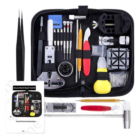 151 Piece Watch Repair Tools Kit With Spring Bar Pins, Case Back Opener And Band Tools displayed in a compact case