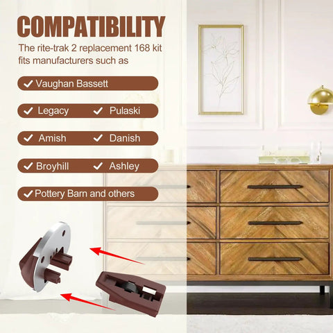 Rite-Trak II Drawer Slides Replacement Upgrade 10 Pack Universal Fit for Vaughan Bassett Legacy Pulaski Amish Danish Broyhill Ashley Pottery Barn and More Smooth Glide Drawer Hardware compatibility graphic