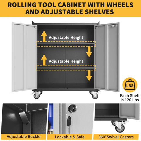 Heavy Duty Metal Garage Storage Cabinet On Wheels With Lockable Door And Adjustable Shelves Rust Resistant Steel Utility Cabinet Open View
