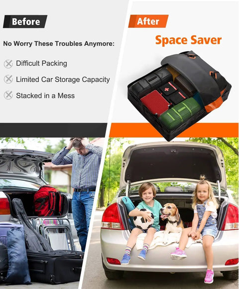 Rooftop Cargo Carrier Roof Bag Waterproof For All Vehicle Tops comparison of cluttered trunk vs organized trunk with bag usage.
