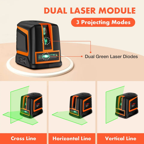 Rechargeable Self Leveling Laser Level With Green Cross Lines, Pro Grade 66 Ft Range And 150 Degree Expandable Angle, Type C Fast Charge