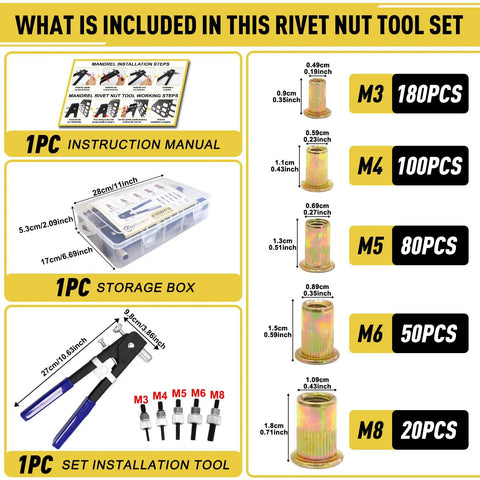 Rivet Nut Tool Kit Set With 430 Pieces Zinc Plated Carbon Steel M3 M4 M5 M6 M8 Embedded Nuts And Mandrels, manual, storage box, tool