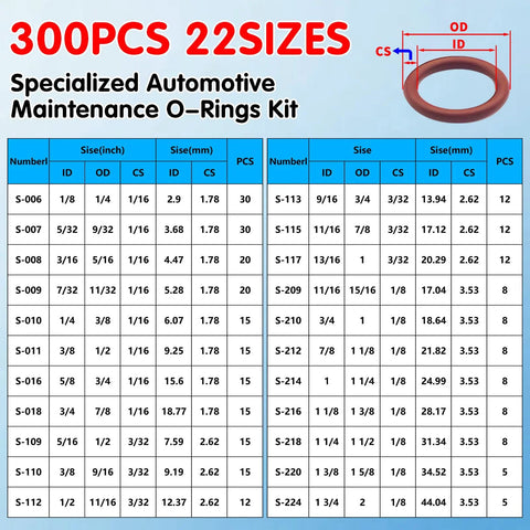 Langina 300pc FKM Viton O-ring kit, automotive maintenance, 22 sizes, front view with size diagram