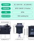 Diagram of Five Pack Rocker Switches SPST On Off 2 Pins 2 Position 6A 250V And 10A At 125V With dimensions and features