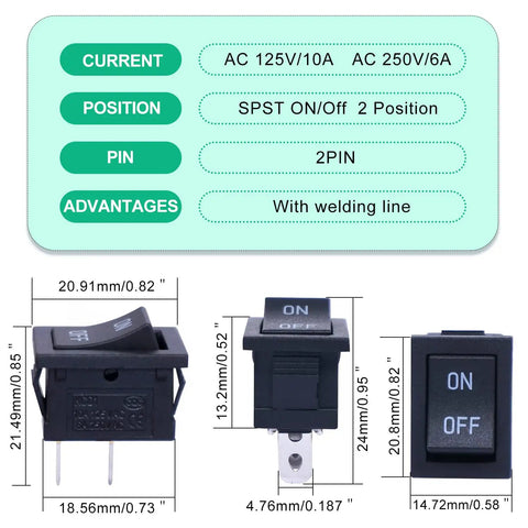 Diagram of Five Pack Rocker Switches SPST On Off 2 Pins 2 Position 6A 250V And 10A At 125V With dimensions and features
