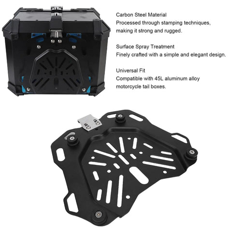 Rugged Carbon Steel Motorcycle Trunk Base Plate Rack Mount For 45L Storage Box, showing universal fit design and materials.