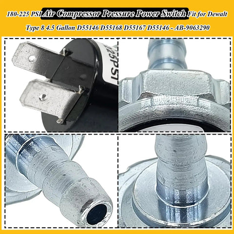 Close-up of Air Compressor Pressure Switch Replacement That Fits D55146 Type 8 4.5 Gallon, Porter Cable 180 To 225 PSI AB9063290