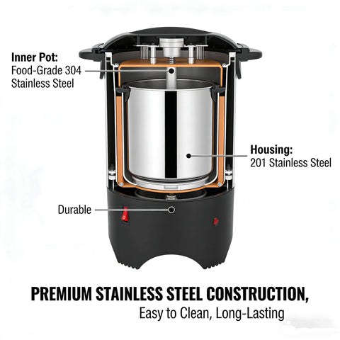 Interior view of Big Capacity Electric Coffee Percolator Urn 5 Point 2 Liter 1000W, stainless steel construction, cutaway seen.