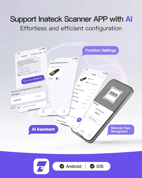 Inateck Scanner App with AI support showing Android and iOS compatibility with feature selection interface.