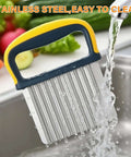 Cuworlis crinkle cutter with blue handle and yellow grip, ridged stainless steel blade