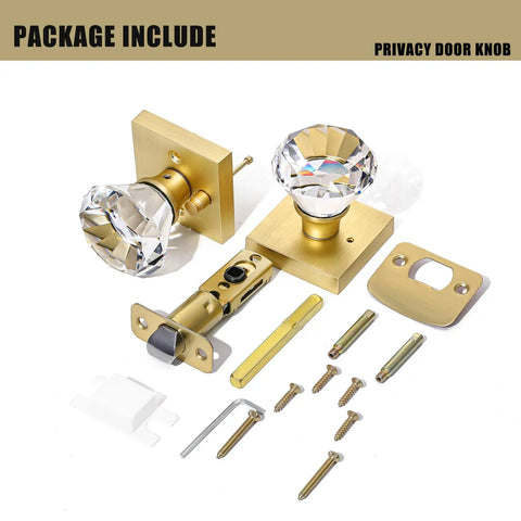 Square Glass Diamond Knob Set With Lock For Bedroom And Bathroom Privacy, Satin Brass Gold Finish Door Handles