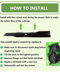 Instruction guide showing how to install Replacement John Deere UC22008 Lawn Mower Blades 42 Inch Deck with diagram and steps.