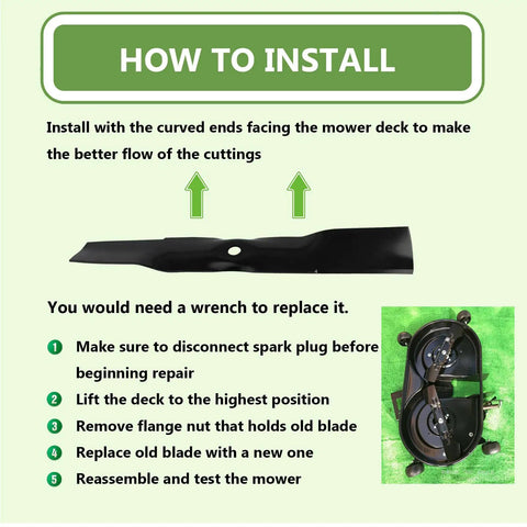 Instruction guide showing how to install Replacement John Deere UC22008 Lawn Mower Blades 42 Inch Deck with diagram and steps.