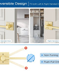 4 Pack Satin Brass Dummy Door Handle Set For Single Sided Doors, Non Turnable Pull Or Push Levers With Gold Interior Finish, Heavy Duty Interior Door Hardware For French, Closet And Pantry Doors. Reversible for left and right handed doors