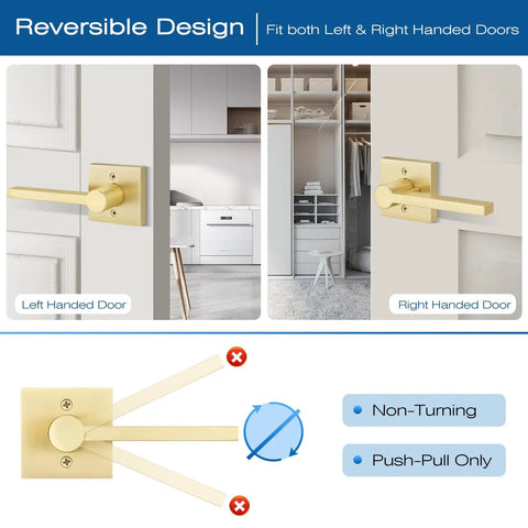 4 Pack Satin Brass Dummy Door Handle Set For Single Sided Doors, Non Turnable Pull Or Push Levers With Gold Interior Finish, Heavy Duty Interior Door Hardware For French, Closet And Pantry Doors. Reversible for left and right handed doors
