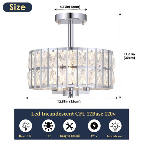 Crystal Semi Flush Mount Chandelier 12.6 Inch Round Drum Ceiling Light 3 Light E12 Fixture Chrome Finish with size dimensions