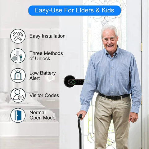 Fingerprint Door Lock With 4 In 1 Keyless Entry Biometric Smart Touchscreen Lock Bluetooth App Control Code Or Mechanical Key Unlock For Bedroom Office Apartment, features list with elderly man by door.
