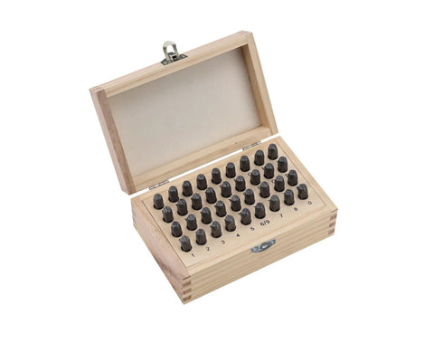 36 Piece Letter And Number Stamp Set With 6mm Height In A Wooden Case Beefy 40Cr Alloy Steel Metal Punches for wood, leather, metal.
