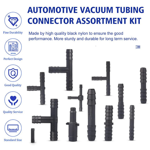 Front view of 113-piece black nylon automotive vacuum connector kit with T and barb fittings.
