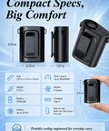 Dimensions and features of Ultra Lightweight Clip On Waist Fan For Outdoor Adventures Portable Belt Mounted Cooling Splash Proof ABS Build Everyday Gear.
