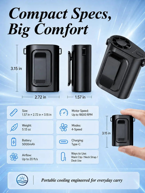 Dimensions and features of Ultra Lightweight Clip On Waist Fan For Outdoor Adventures Portable Belt Mounted Cooling Splash Proof ABS Build Everyday Gear.