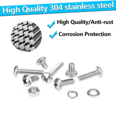 Stainless Steel M4 Phillips Pan Head Machine Screw Set, 370 Pieces, 7 Sizes From 6mm To 30mm With Nuts, Flat Washers, And Lock Washers