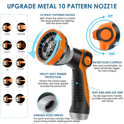 Non Expanding Garden Hose 100 Ft With Kink Free Flex Lightweight Yet Durable Water Hose 10 Pattern Spray Nozzle Leak Proof Design 3/4 Inch Swivel Connectors Heavy Duty Fabric Portable Storage Strap For Easy Carry metal 10-pattern spray nozzle with grip