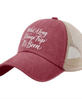 What A Long Strange Trip It's Been Humor Dope Women's Low Profile Trucker Cap In Wine Red Adjustable Strap Washed Cotton Lightweight Relaxed Fit Summer Hat Today