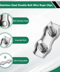 12 Piece M3 Stainless Steel Wire Rope Clips Set For 1.5mm To 3mm Cables showing double bolt design and wire fixing plate