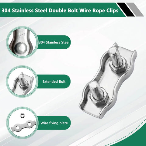 12 Piece M3 Stainless Steel Wire Rope Clips Set For 1.5mm To 3mm Cables showing double bolt design and wire fixing plate